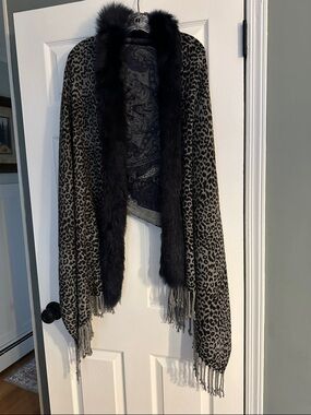 Leopard Print Fringe Shawl with Black Faux Fur Trim - reversible